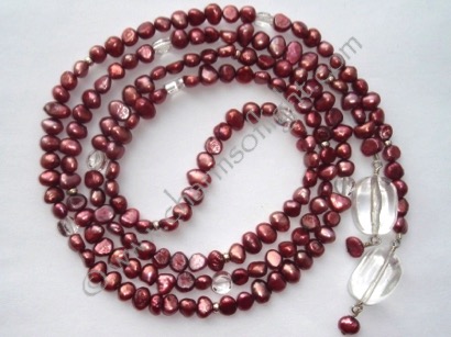 Burgundy Pearl & Clear Quartz Lariat Necklace